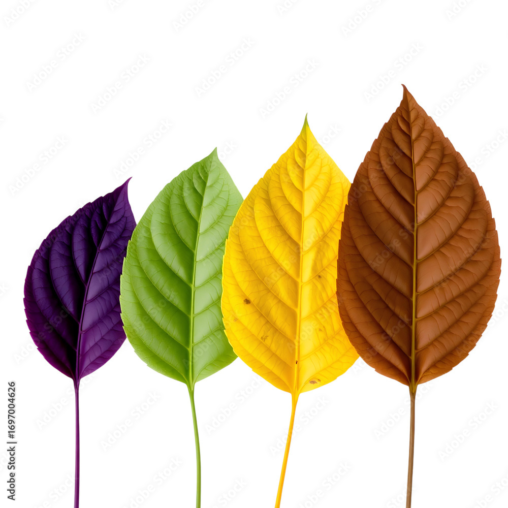 Obraz premium Photo of four leaves different color arranged in a row isolated on transparent background
