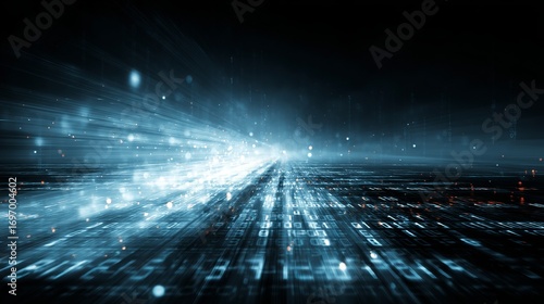 Dynamic digital data stream with glowing lines and binary code, representing futuristic technology and information flow in a modern abstract network.