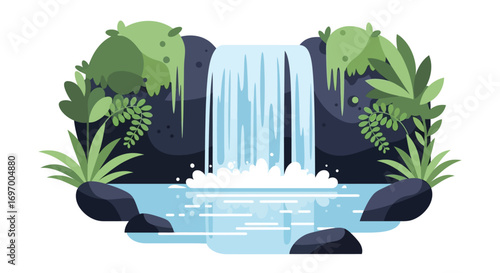 A beautiful waterfall cascading into a clear blue pool surrounded by lush green foliage and dark rocks.