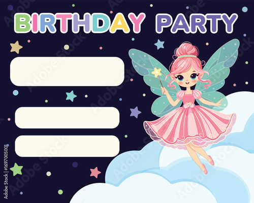 Invitation for birthday party with cute fairy girl flies in the sky with wings and a magic wand on color background. Birthday Banner, Flyer, Greeting Card. Vector illustration in flat cartoon style