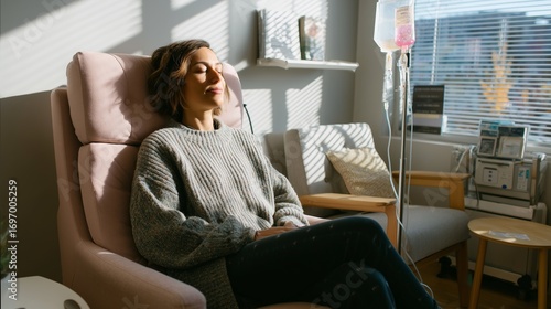 A woman relaxes in a comfortable chair while receiving intravenous therapy in a sunlit room with modern medical equipment.
