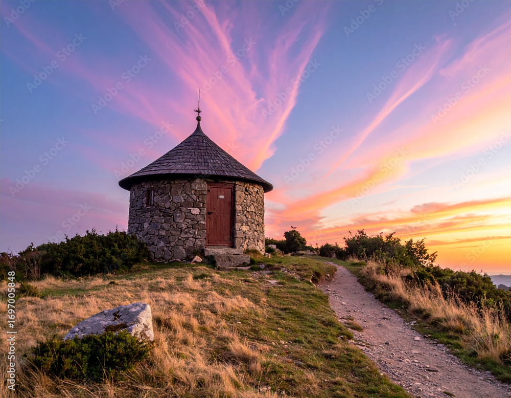Fototapeta premium Small Round Hut on Hilltop with Pastel Sky