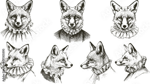 Vector vintage collection of a gentleman fox heads. Set of beautiful sketches of clever cunning animal in retro black and white style.