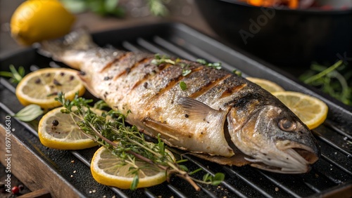 Whole grilled fish with lemon and herbs on a grilling pan