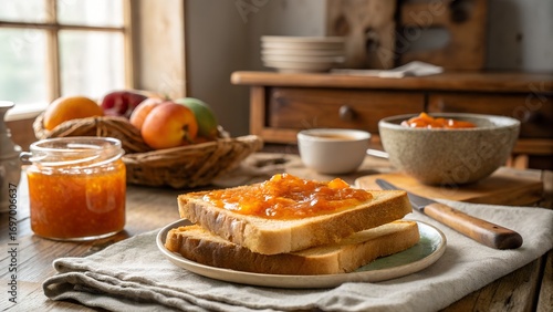 Delicious toast with apricot jam and fresh fruit breakfast spread
