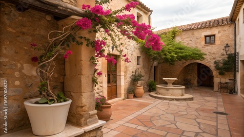 Charming mediterranean courtyard with blooming flowers and fountain