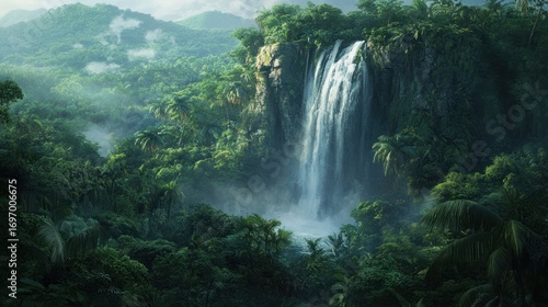 Lush tropical waterfall cascading down a misty mountainside, dense jungle foliage