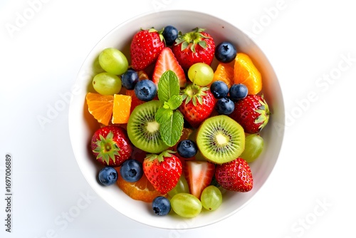 Fresh fruit salad in a white bowl isolated on white background