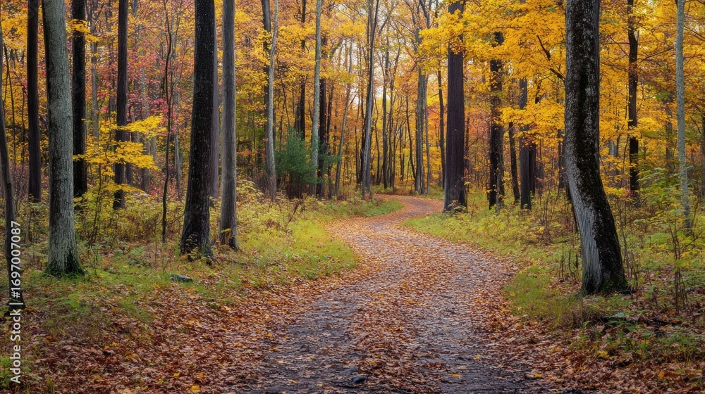Obraz premium Autumnal forest path winding through vibrant fall foliage
