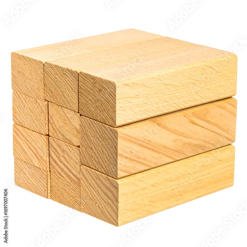 Stacked light-colored wooden blocks arranged in a cube-like form against a plain white background.