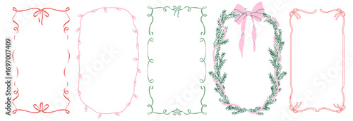 Set of doodle hand drawn ink Xmas frames with christmas tree, snowflakes, ribbon and bows, christmas lights garlands. Minimalist line art. Trendy borders for holiday poster, invitation, greeting card.
