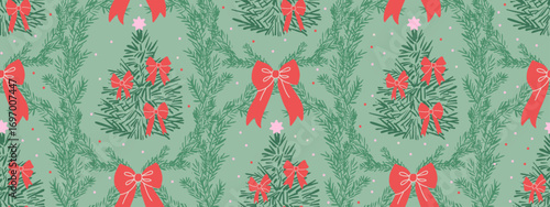 Seamless pattern with coquette Christmas tree, bow knots, red ribbon. Preppy retro winter holiday print. Vintage wimsical wallpaper, New Year textile design, vector repeat background, wrap, gift paper