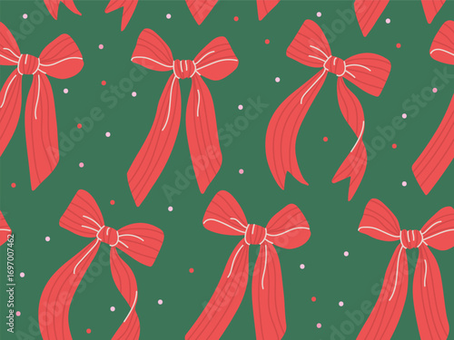 Cute Xmas ribbon bows seamless pattern. Coquette Christmas background in red and green colors. Whimsical girly vector design.