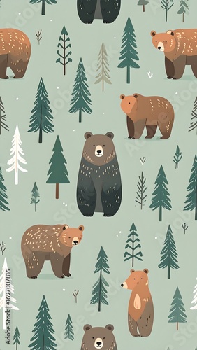 A charming, repeating pattern features adorable bears nestled amongst stylized evergreen trees against a soft mint-green backdrop.