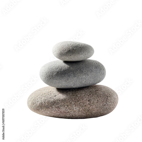 Three smooth stones stacked, light gray and beige tones, balanced on black background