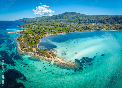 Aerial view of Vourvourou in Halkidiki, Sithonia peninsula, Halkidiki, Greece.