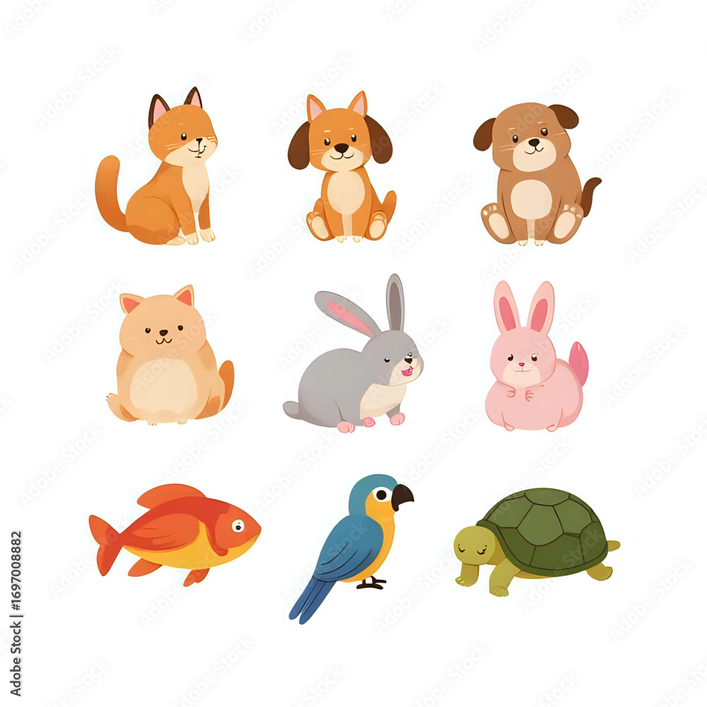 Naklejka premium Adorable cartoon icons of pets including cats, dogs, rabbits, fish, parrot, and turtle. Simple flat illustration in kawaii style, perfect for children’s books, stickers, flashcards, mobile apps