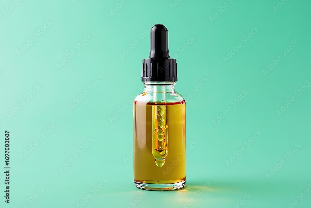 Fototapeta premium Glass Dropper Bottle with Golden Liquid on a Light Green Background