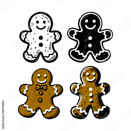 Four gingerbread cookie characters drawn in hand-drawn sketch style on white background, concept of festive holiday sweets and decoration