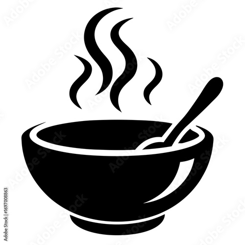 Hot Soup Bowl Icon with Spoon and Steam Silhouette