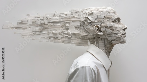 Abstract concept of artificial intelligence merging with human form, showcasing intricate technology and complex thought processes in a stark white minimalist setting