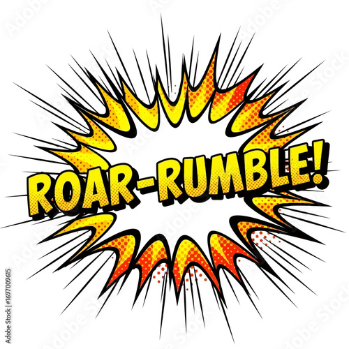 Vibrant Yellow and Red Comic Book "Roar-Rumble!" Speech Bubble