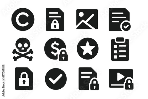 Media Security Icons. Solid style icons of media security and rights: copyright icon, DMCA notice, media watermark, license
