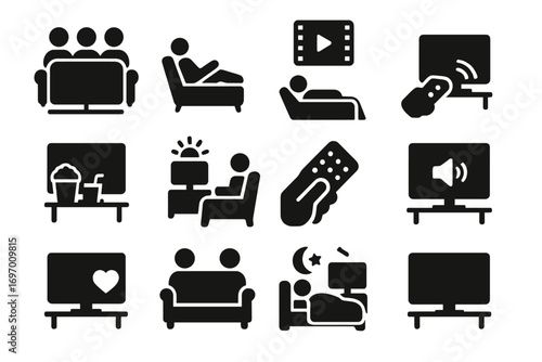 TV Watching Habits. Solid style icons of TV watching habits: family watching TV, solo viewer on couch, binge-watching icon,