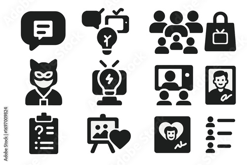 TV Fan Icons. Solid style icons of TV fan engagement: fan comment bubble, live tweet icon, show fan group, cosplay with badge, fan