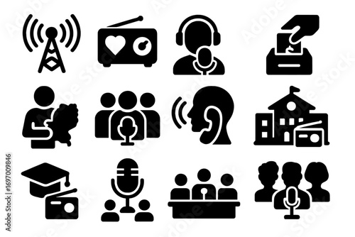 Community Radio Icons. Solid style icons of community and public radio: tower with heart icon, nonprofit radio symbol, volunteer