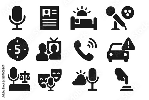 Radio Show Icons. Solid style icons of radio shows and segments: talk show mic, news bulletin symbol, morning show icon, sports