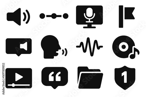 Podcast Icon Set. Solid style icons of podcast episodes and structure: intro jingle icon, episode timeline, title card, chapter