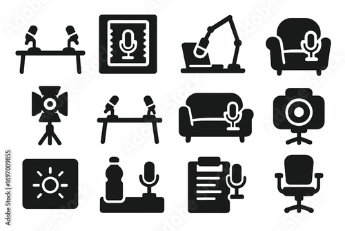Podcast Studio Icons. Solid style icons of podcast studio and setup: table with microphones, soundproof booth, mic arm with laptop
