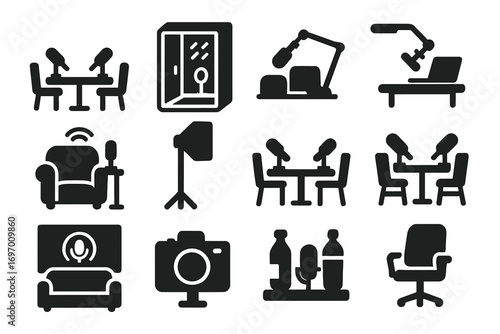 Podcast Studio Icons. Solid style icons of podcast studio and setup: table with microphones, soundproof booth, mic arm with laptop