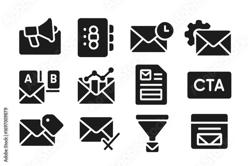 Email Marketing Icons. Solid style icons of email marketing and newsletters: campaign email icon, subscriber list badge, scheduled