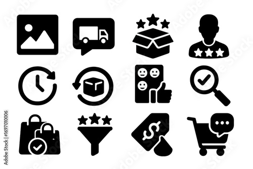 E-commerce Review Icons. Solid style icons of e-commerce reviews: product image, delivery comment, packing review, seller rating,