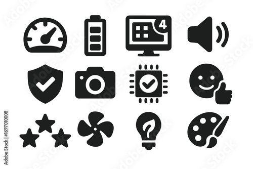 Device Performance Icons. Solid style icons of device performance ratings: speed rating, battery life meter, screen resolution