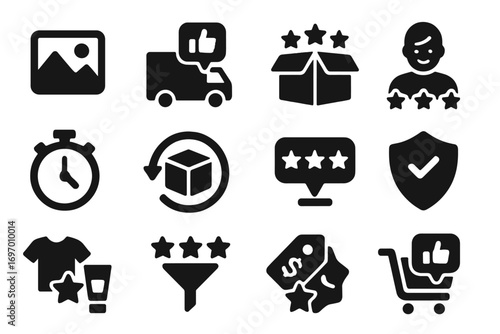 E-commerce Review Icons. Solid style icons of e-commerce reviews: product image, delivery comment, packing review, seller rating,