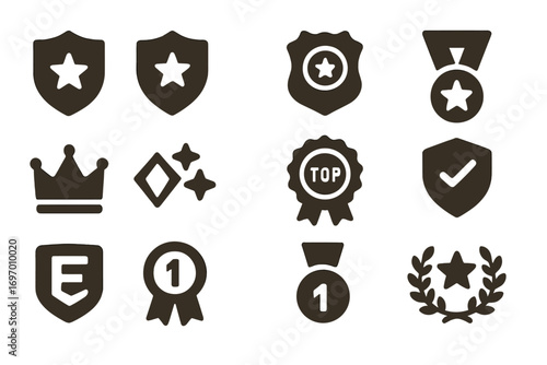 Badge and Medal Icons. Solid style icons of badge and medal ratings: gold badge, silver badge, bronze badge, award ribbon, crown