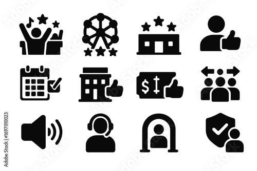 Event Rating Icons. Solid style icons of event ratings: concert score, festival review, venue rating, audience feedback, event