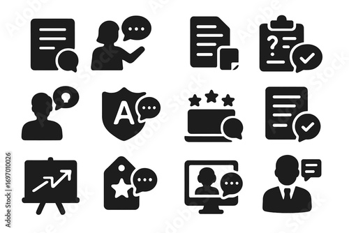 Educational Feedback Icons. Solid style icons of educational feedback: test comment, teacher feedback, assignment note, quiz