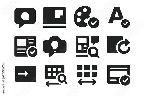 Design Feedback Icons. Solid style icons of design feedback: visual comment, mockup note, color suggestion, font choice feedback,