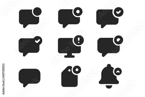 Feedback Notifications Icons. Solid style icons of feedback notifications: new feedback alert, unread comment, reply reminder,