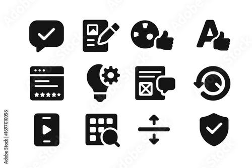 Design Feedback Icons. Solid style icons of design feedback: visual comment, mockup note, color suggestion, font choice feedback,