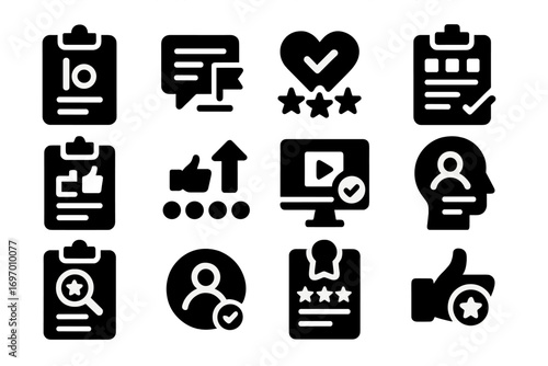 Brand Survey Icons. Solid style icons of brand surveys: logo appeal, slogan feedback, brand trust score, color preference,