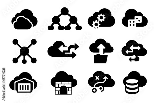 Hybrid Cloud Icons. Solid style icons of hybrid and multi-cloud: hybrid cloud icon, multi-cloud diagram, cloud integration,