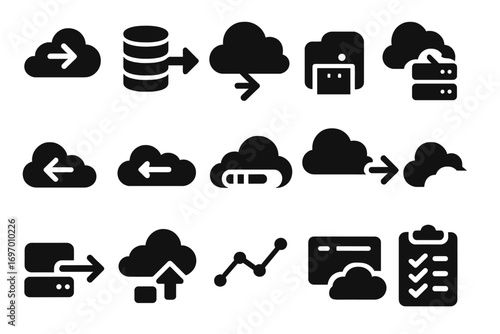 Cloud Migration Icons. Solid style icons of cloud migration: migrate icon, data move arrow, workload transfer, VM migration, cloud