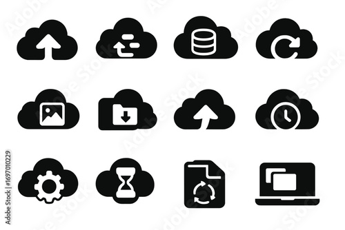 Cloud Backup Icons. Solid style icons of cloud backup and recovery: backup cloud, incremental backup, full backup icon, restore