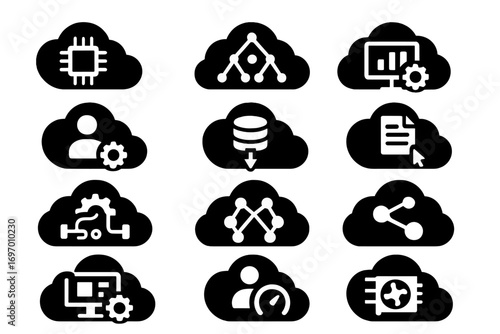 AI Cloud Icons. Solid style icons of AI in the cloud: AI chip cloud, model deployment icon, training in cloud, inference service,