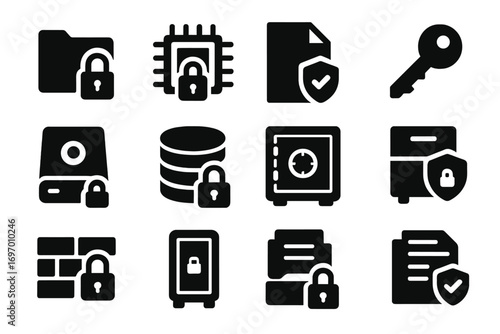 Secure Storage Icons. Solid style icons of secure storage: folder with lock, encrypted storage icon, file with shield, access key